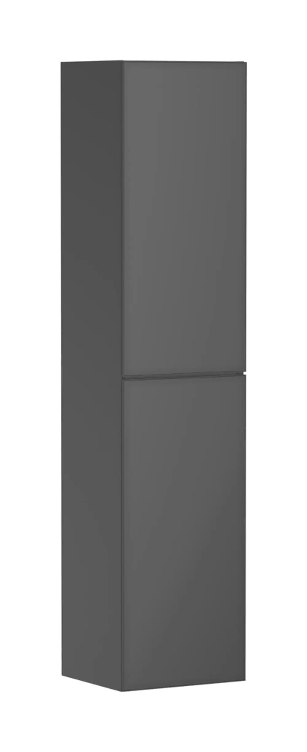 Vertikaler Hochschrank in schiefergrau Matt, mit zwei Türen und Türanschlag links. Der Schrank ist schlicht und passt in moderne Wohnräume. Hansgrohe Logo nicht sichtbar.